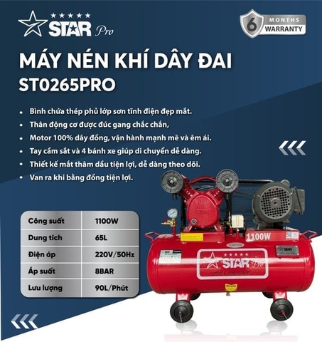 Máy nén khí dây đai STAR ST0265PRO (1100W - 65 Lít)