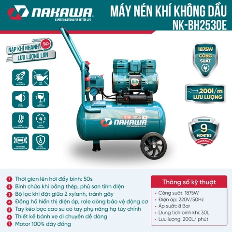 Máy nén khí không dầu, tốc nhanh, siêu êm Nakawa NK-BH2530E - 30 lít 1875W