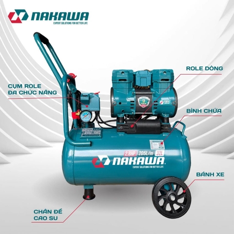 Máy nén khí không dầu, tốc nhanh, siêu êm NAKAWA NK-28H32L - 32 lít