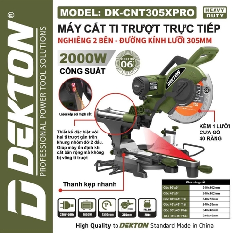 Máy Cắt Nhôm Trượt 2000W Dekton 305mm DK-CNT305XPRO Tốc Độ 4500 Vòng/Phút
