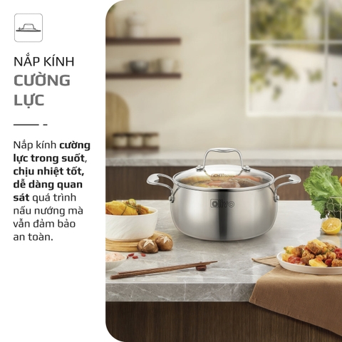 Bộ Nồi Olivo Steve CS - Bộ 3 Nồi - Đa Dạng Kích Thước - Inox 3 Lớp - Nắp Kính Cường Lực - Nấu Được Trên Mọi Loại Bếp