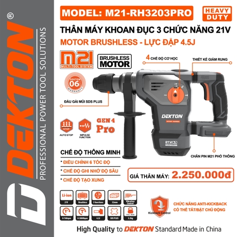 Thân máy khoan đục 3 chức năng 21V Dekton M21-RH3203PRO