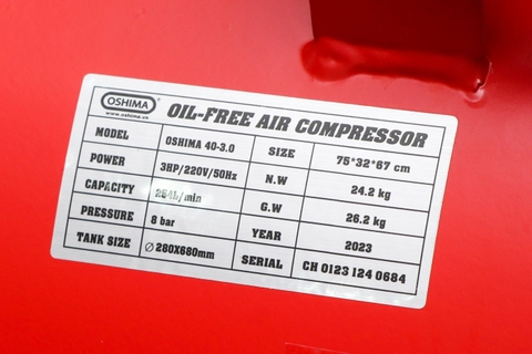 Máy nén khí Oshima 40-3.0 3.0HP Đỏ Điện 1 pha (Không dầu,nhanh,dây đồng)