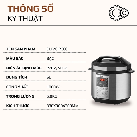 Nồi Áp Suất Điện Đa Năng OLIVO PC60 – 16 Chức Năng – Dung Tích 6L – Công Suất 1000W