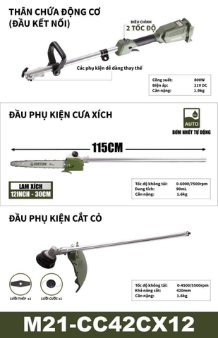 Máy Cắt Cỏ & Cưa Cành 2 trong 1 Dùng Pin 21V Dekton M21-CC42CX12
