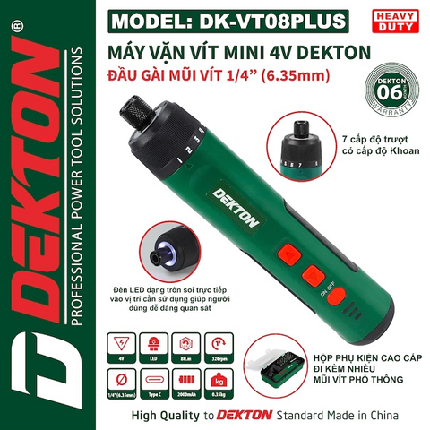 Máy Vặn Vít Dùng Pin Mini 4V Dekton DK-VT08PLUS – 7 Cấp Trượt, Đầu 1/4