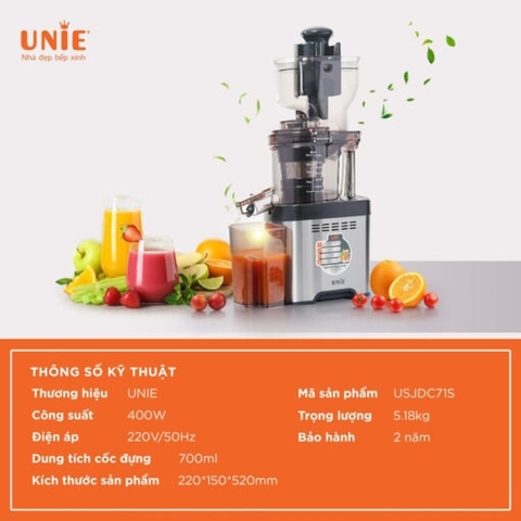 Máy ép chậm UNIE USJDC71S công suất 400W, ép kiệt bã tối ưu, giữ trọn 98% dưỡng chất trong rau củ quả