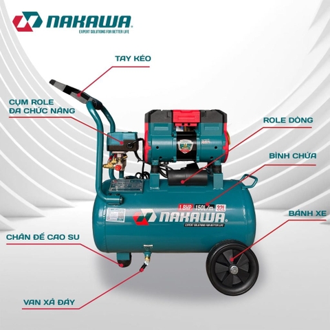 Máy nén khí không dầu, tốc nhanh, siêu êm NAKAWA NK-18H32L - 32 lít