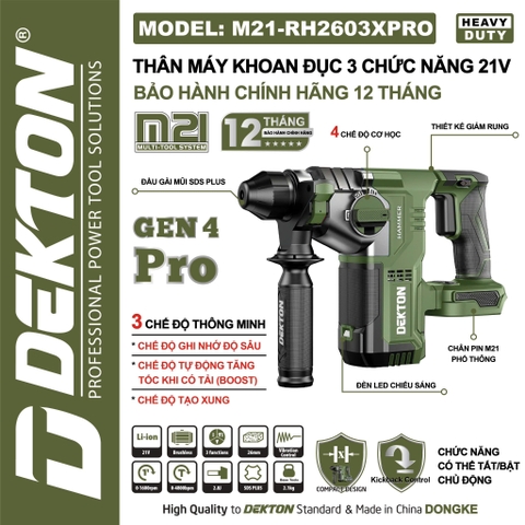 Thân máy khoan đục 3 chức năng dùng pin 21V Dekton M21-RH2603XPRO
