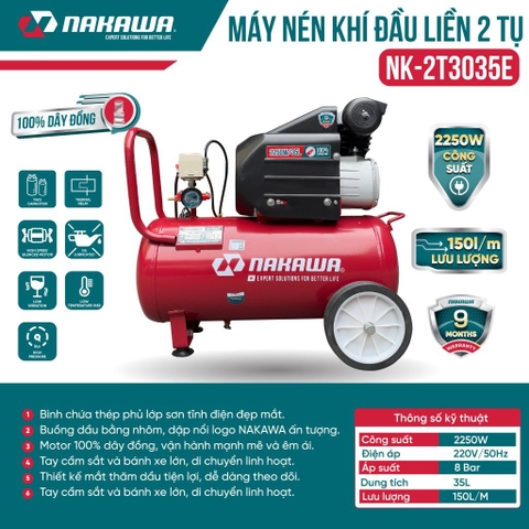 Máy Nén Khí đầu liền 2 tụ NAKAWA NK-2T3035E 2250W 35L