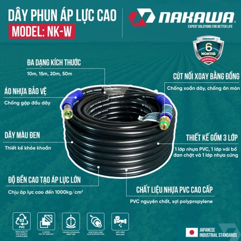 Dây phun áp lực cao NAKAWA NK-W (các kích thước 10, 15, 20, 50m)