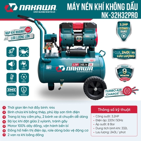 Máy nén khí không dầu, tốc nhanh, siêu êm NAKAWA NK-32H32PRO - 32 lít