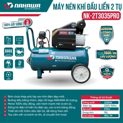 Máy Nén Khí đầu liền 2 tụ NAKAWA NK-2T3035PRO 2250W 35L