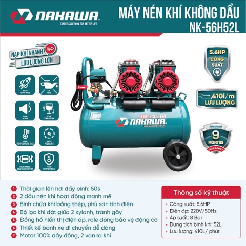 Máy nén khí không dầu, tốc nhanh, siêu êm NAKAWA NK-56H52L - 52 lít