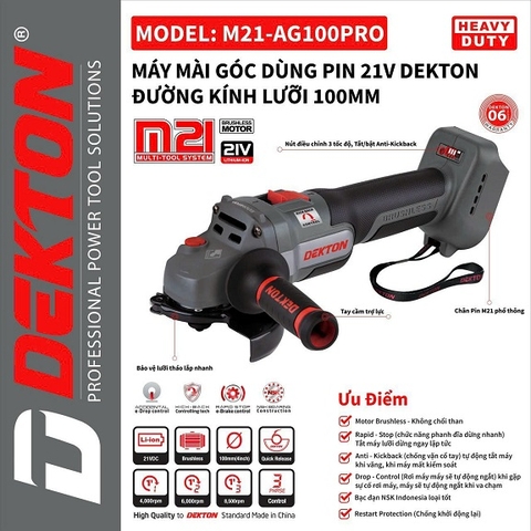 Thân máy mài góc dùng pin 21V Dekton M21-AG100PRO đường kính lưỡi 100mm