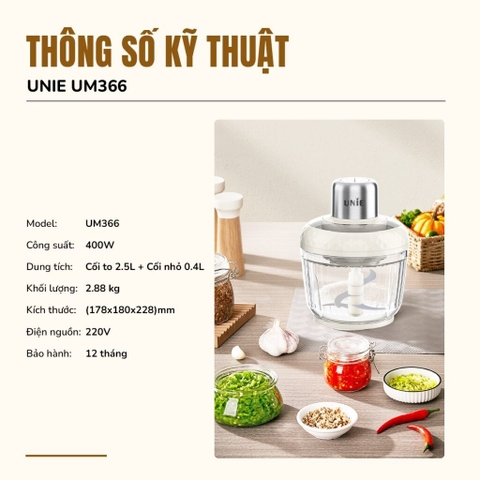 Máy xay thịt UNIE UM366 dung tích 2,5L, 2 cối xay thủy tinh, đánh ruốc, bóc tỏi tiện lợi