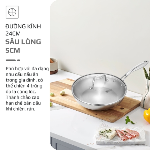 CHẢO 4 LỚP INOX OLIVO STEVE X - Chống Dính Tự Nhiên, Đường Kính 24cm – Nấu Được Trên Mọi Loại Bếp
