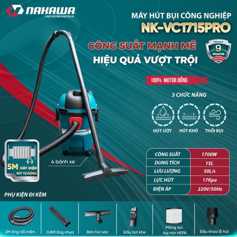 Máy hút bụi công nghiệp NAKAWA NK-VC1715PRO (1.7Kw-15L)