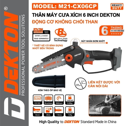 Máy Cưa Xích Pin 6 Inch Dekton M21-CX06CP, Có Bình Nhớt, Động Cơ Không Chổi Than