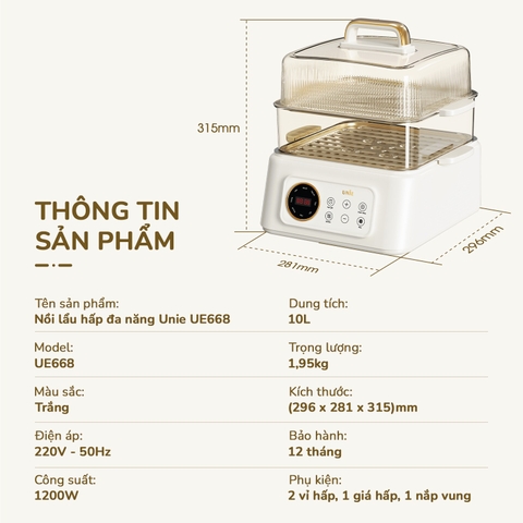 Nồi lẩu hấp đa năng UNIE UE668 dung tích 10L, lòng nồi chống dính Ceramic, 8 chức năng nấu tự động