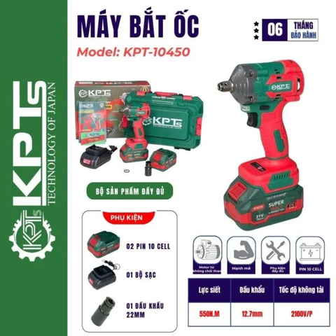 Máy Siết Bulong Pin 21V KPTs KPT-10450 Không Chổi Than 550Nm Chân Pin Phổ Thông Kèm 2 Pin 4.0AH Đầu Khẩu 2 Trong 1