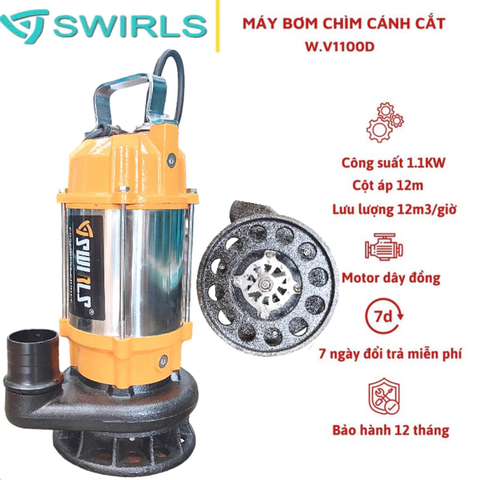 MÁY BƠM CHÌM NƯỚC THẢI CÓ CÁNH CẮT RÁC 1100W THÂN INOX 304 SWIRLS V1100D