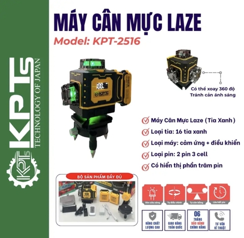 Máy Cân Mực Laser 16 Tia Xanh KPTs KPT-2516 8 Tia Đứng 8 Tia Ngang 2 Pin 3 Cell Đèn Hiển Thị Pin