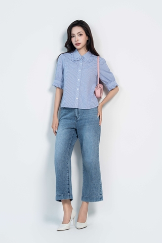 MIRA SHIRT- Áo Sơ Mi Kẻ Cổ Nhún Bèo Chất Liệu Cotton Phong Cách Thanh Lịch, Basic (Y05BLS02)