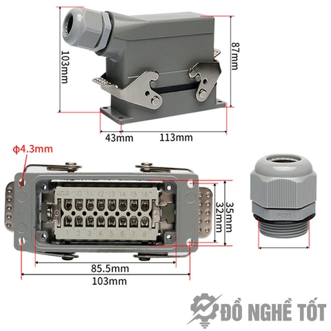 Giắc cắm (jack cắm) phích cắm 16 chân 16A HDC-HE-016-F HDC-HE-016-M