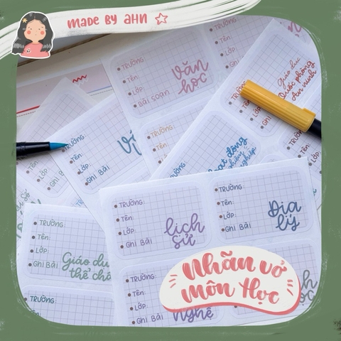 Sticker NHÃN VỞ MÔN HỌC mẫu 2023 bóc dán - In tên theo yêu cầu - MADE BY AHN thiết kế