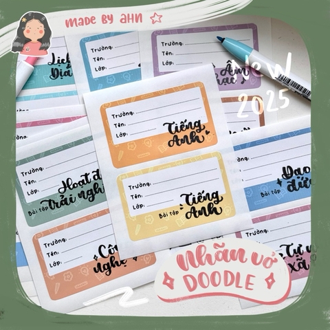 [NEW 2025] Nhãn vở DOODLE (môn học) đầy đủ từ lớp 1 đến 12 - In tên theo yêu cầu - MADE BY AHN thiết kế