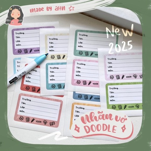 |NEW 2025| Set 12 Nhãn vở DOODLE (không môn) - In tên riêng theo yêu cầu - MADE BY AHN thiết kế