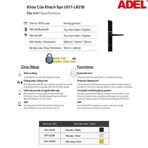 Khoá vân tay Adel khách sạn US11-LB21B