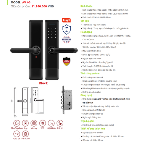 Khóa Vân Tay Avolock Cửa Gỗ  AV 63