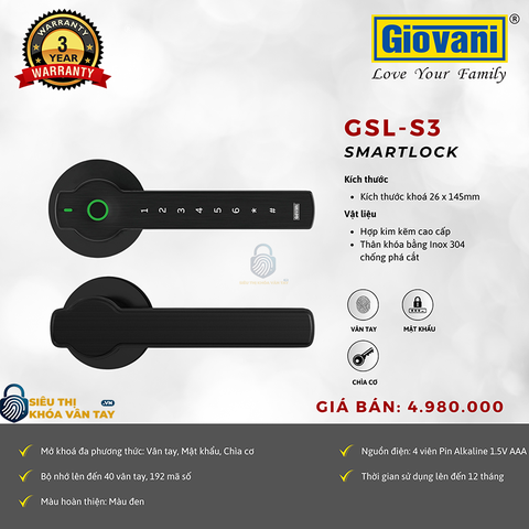 Khóa vân tay cửa phòng Giovani GSL-S3 màu đen