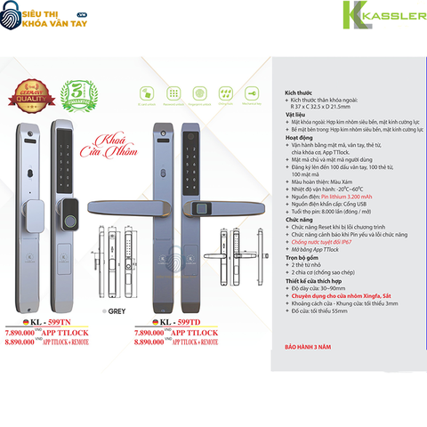 Khóa vân tay Kassler cửa nhôm KL-599TN GREY