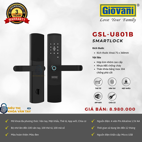 Khóa vân tay cửa gỗ  Giovani GSL-U801B màu đen