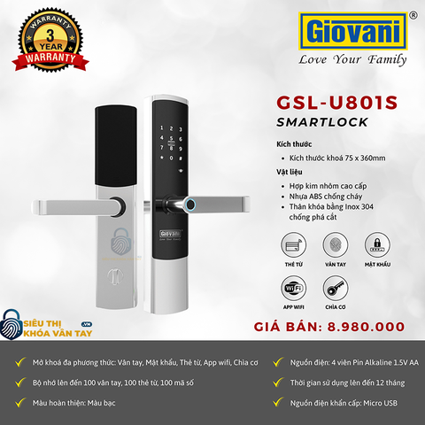 Khóa vân tay cửa gỗ  Giovani GSL-U801S màu bạc