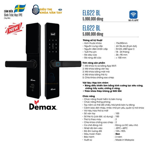 Khoá Vân Tay Cửa Gỗ Demax EL622 BL