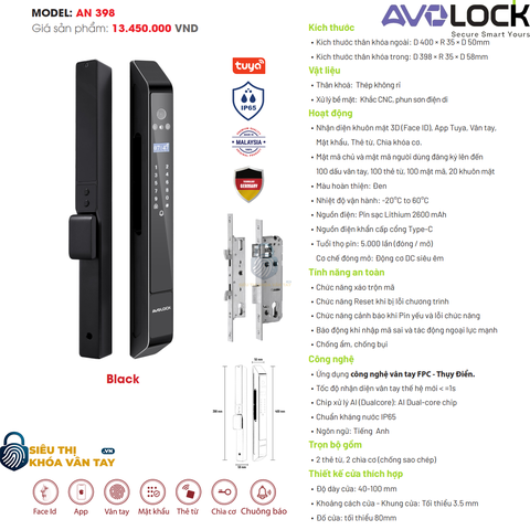 Khóa Vân Tay Avolock Cửa Nhôm  AN 398