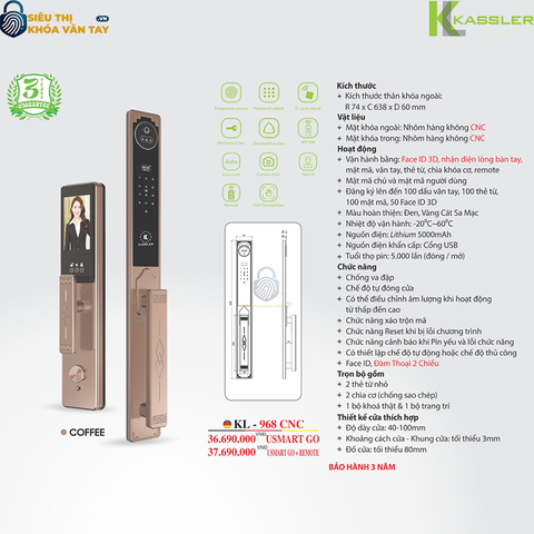 Khóa vân tay Kassler cửa gỗ KL-968 CNC Coffee