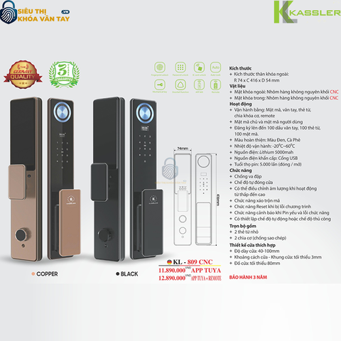 Khóa vân tay Kassler cửa gỗ KL - 809 CNC
