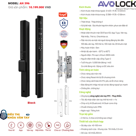 Khóa Vân Tay Avolock Cửa Nhôm AN 396