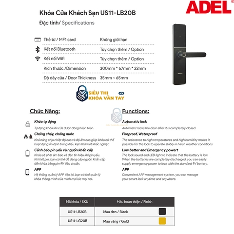 Khoá vân tay cửa Adel khách sạn US11-LB20B