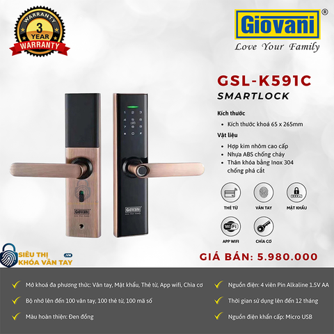 Khóa vân tay Giovani cửa gỗ GSL-K591C màu đồng