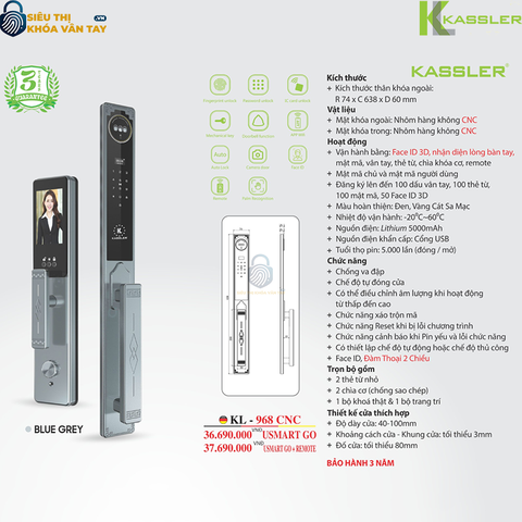Khóa vân tay Kassler cửa gỗ KL-968 CNC Blue Gray