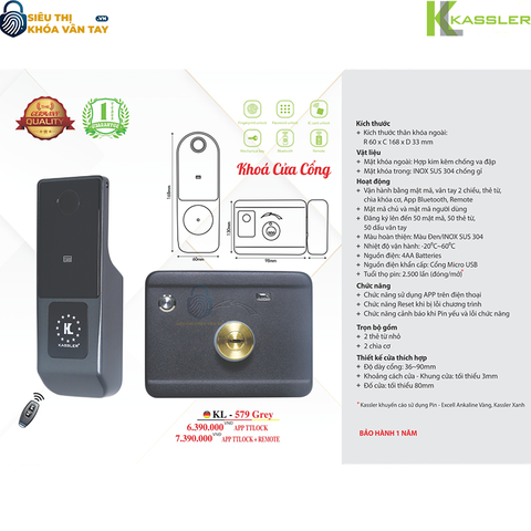 Khóa vân tay Kassler cửa cổng KL-579 Grey APP
