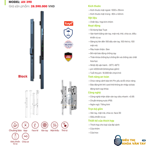 Khóa Vân Tay Avolock Cửa Nhôm  AN 390