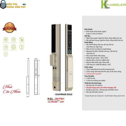 Khóa vân tay Kassler cửa nhôm KL-599 PRO MÀU VÀNG
