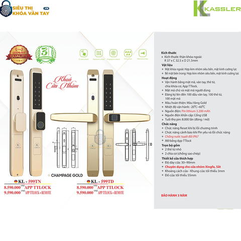 Khóa vân tay Kassler cửa nhôm KL - 599TN GOLD
